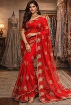 Elegant Red Chiffon Saree with Golden Peacock Motif & Designer Border