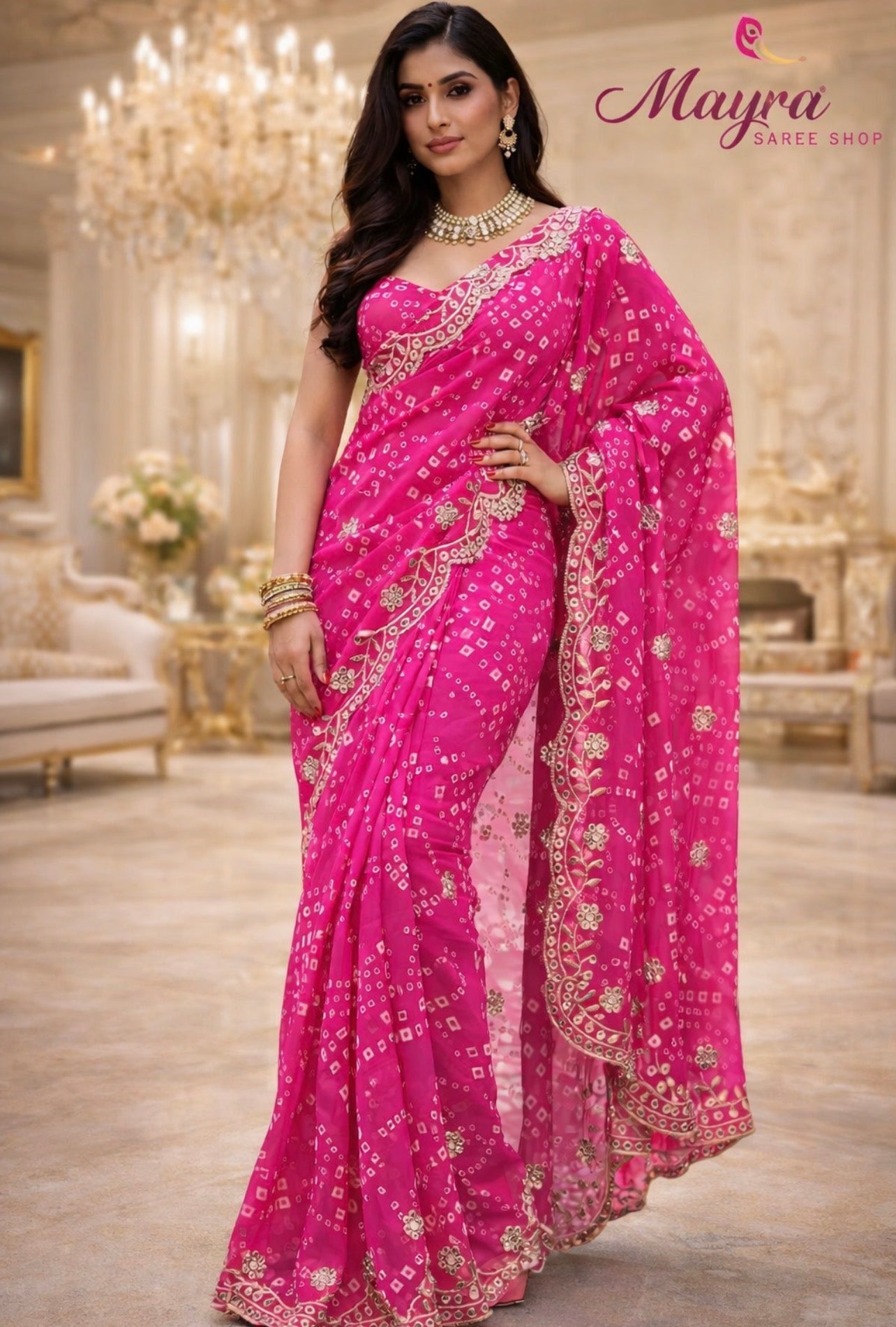 Chunri Bandhej Saree with Heavy Embroidered Border – Premium Georgette Designer Saree