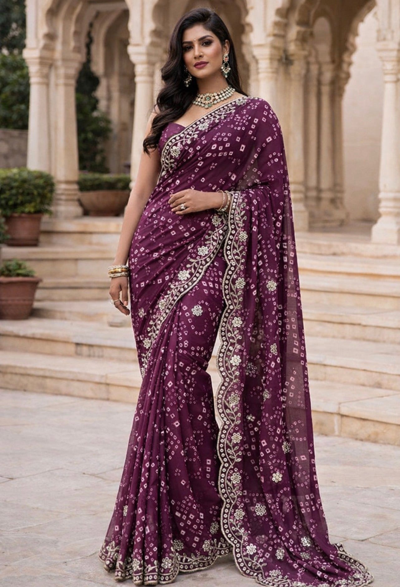 Chunri Bandhej Saree with Heavy Embroidered Border – Premium Georgette Designer Saree