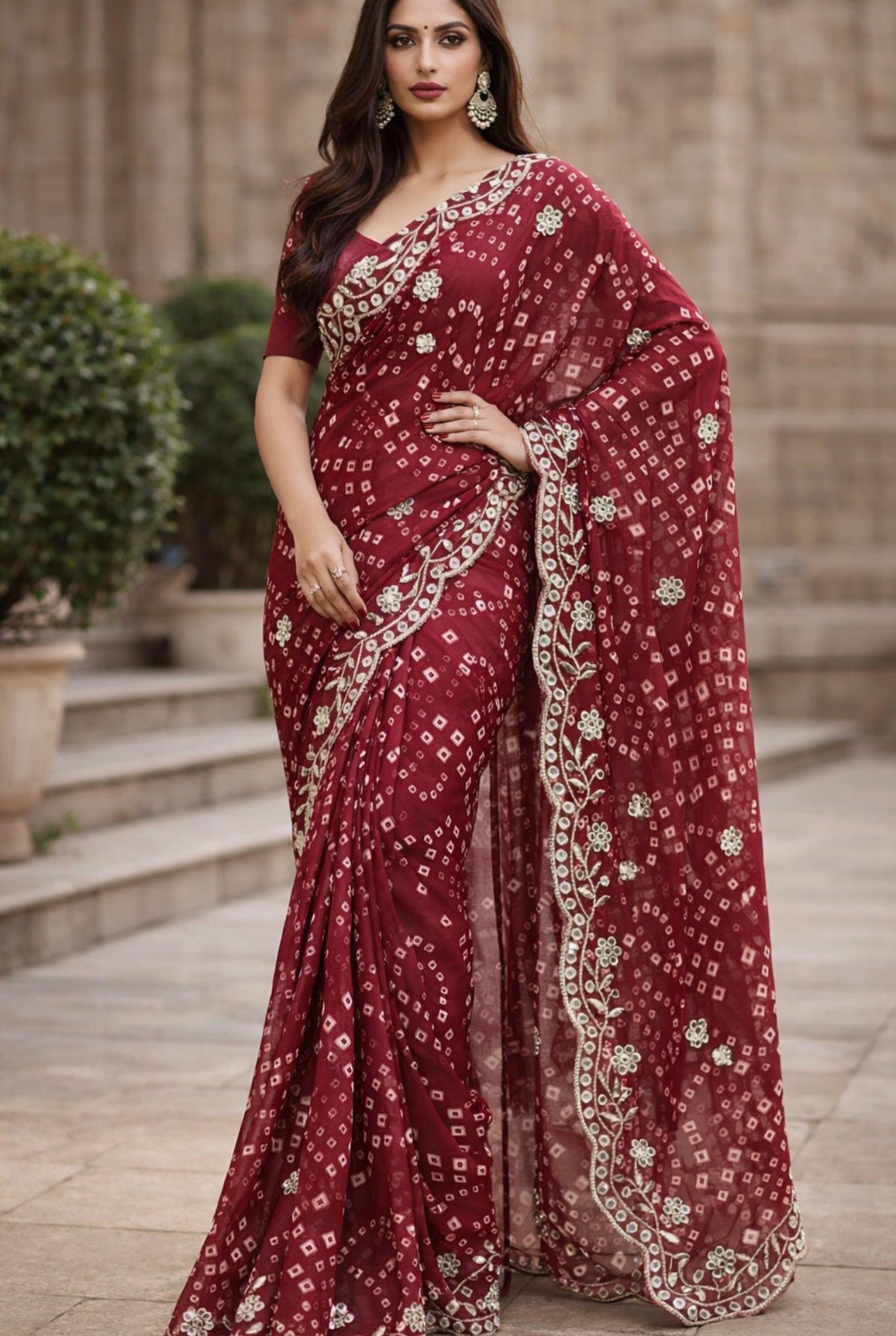 Chunri Bandhej Saree with Heavy Embroidered Border – Premium Georgette Designer Saree