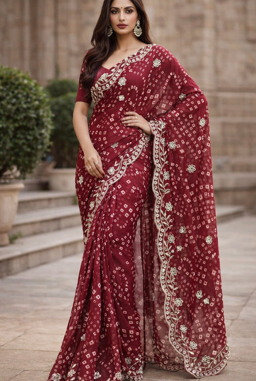 Chunri Bandhej Saree with Heavy Embroidered Border – Premium Georgette Designer Saree