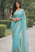 Sky Blue Premium Hand Work Designer Saree | 30-30 Fabric Party Wear Saree