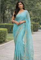 Sky Blue Premium Hand Work Designer Saree | 30-30 Fabric Party Wear Saree