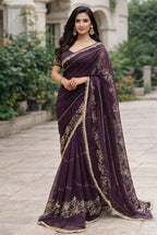 Wine colour Premium Hand Work Designer Saree | 30-30 Fabric Party Wear Saree