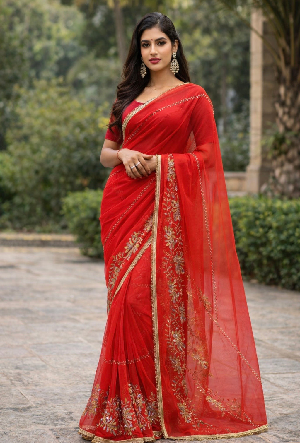 Red Premium Hand Work Designer Saree | 30-30 Fabric Party Wear Saree