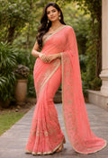 Pich colour Premium Hand Work Designer Saree | 30-30 Fabric Party Wear Saree