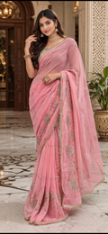Baby Pink Premium Hand Work Designer Saree | 30-30 Fabric Party Wear Saree