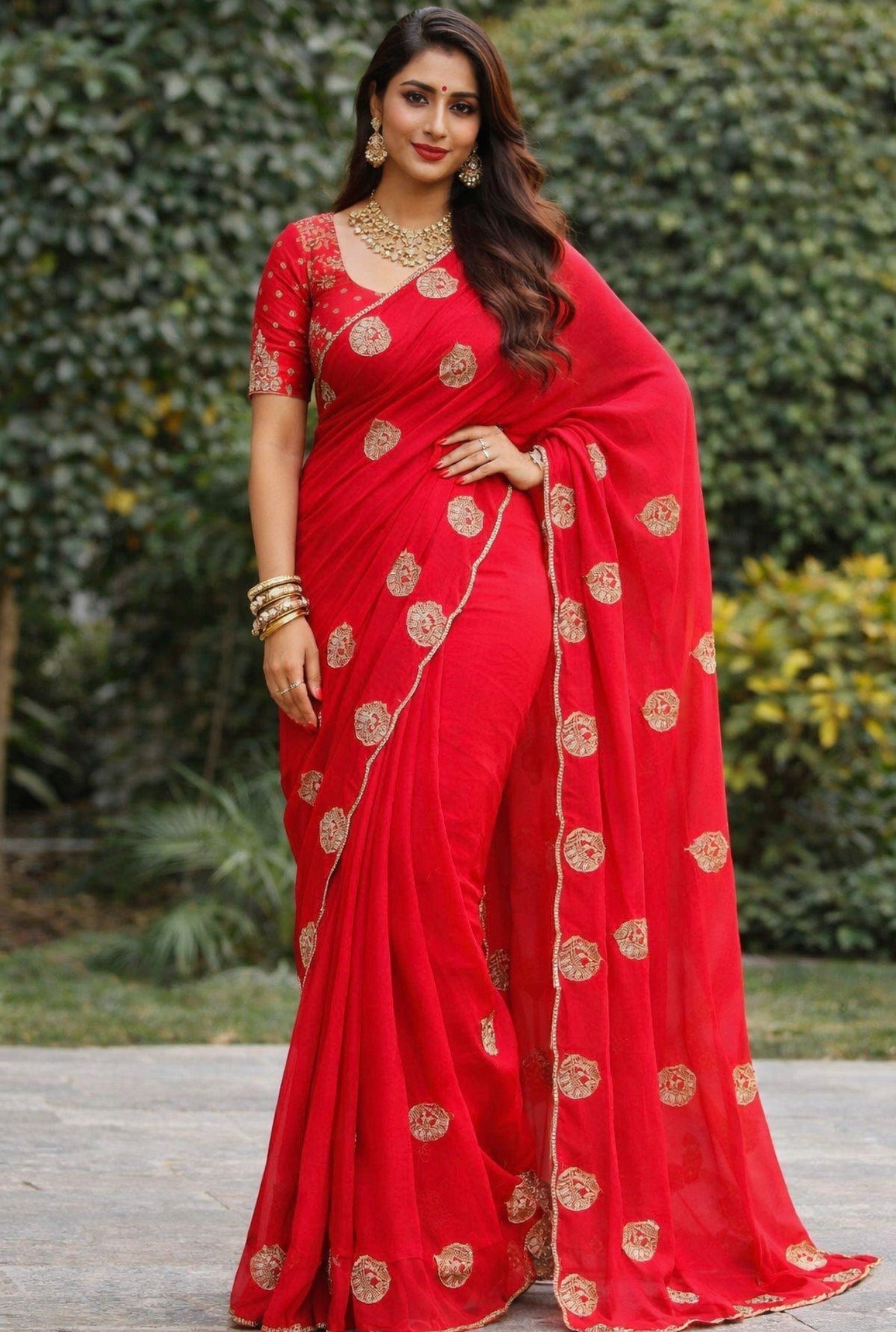 Premium Red Georgette Saree with Golden Potli Motif Work | Designer Party Wear Saree