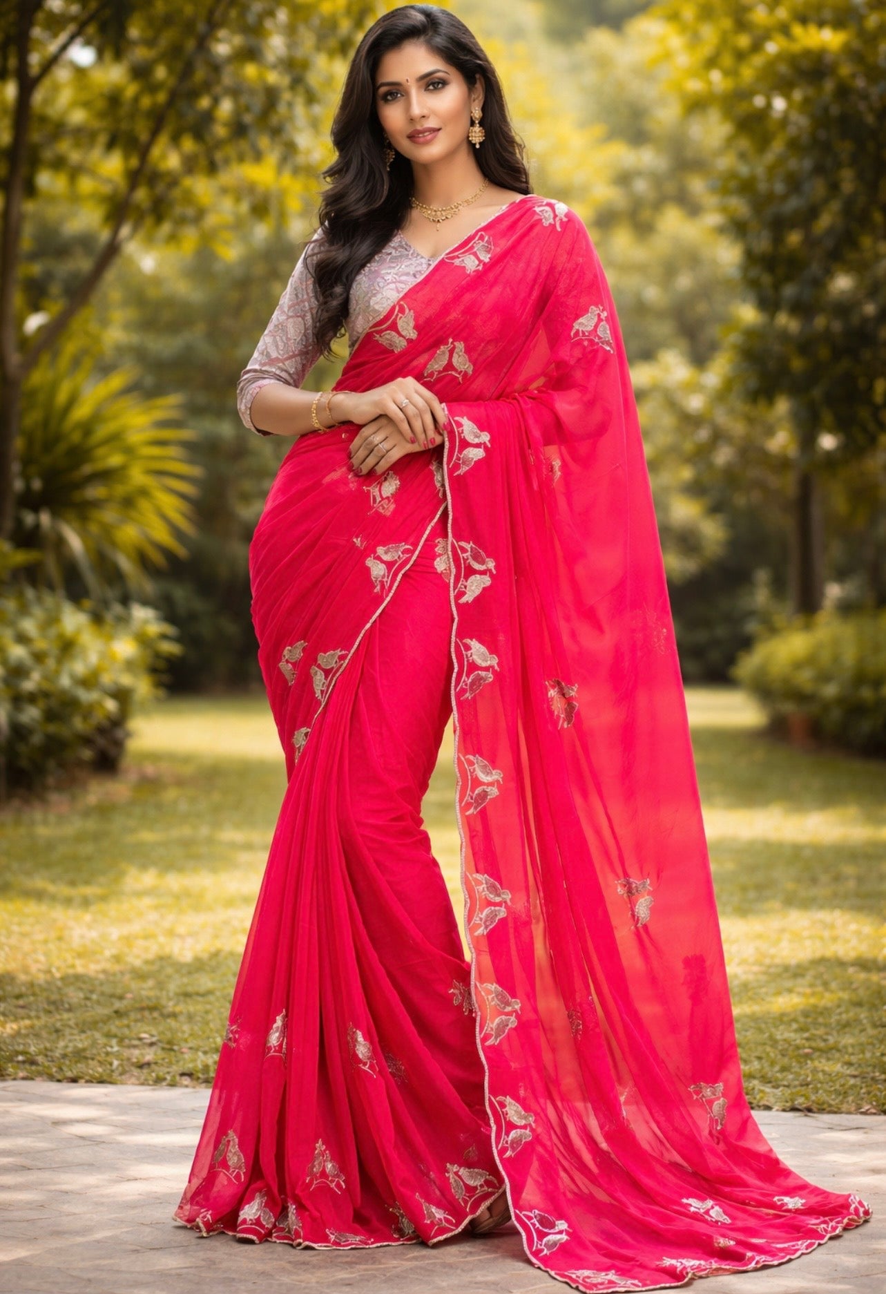 Elegant Red Chiffon Saree with Golden Bird Embroidery Border