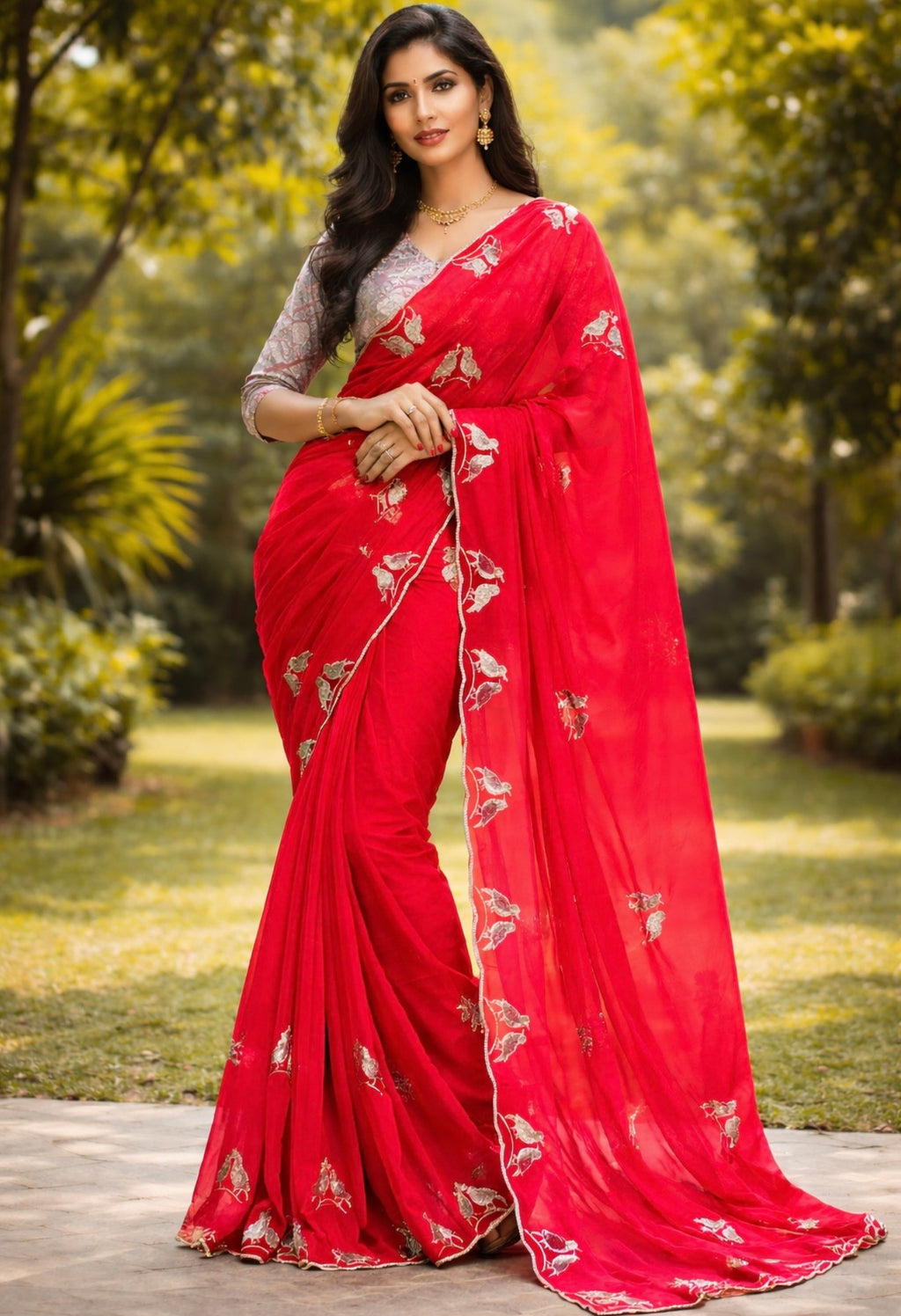 Elegant Red Chiffon Saree with Golden Bird Embroidery Border