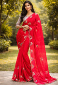 Elegant Red Chiffon Saree with Golden Bird Embroidery Border