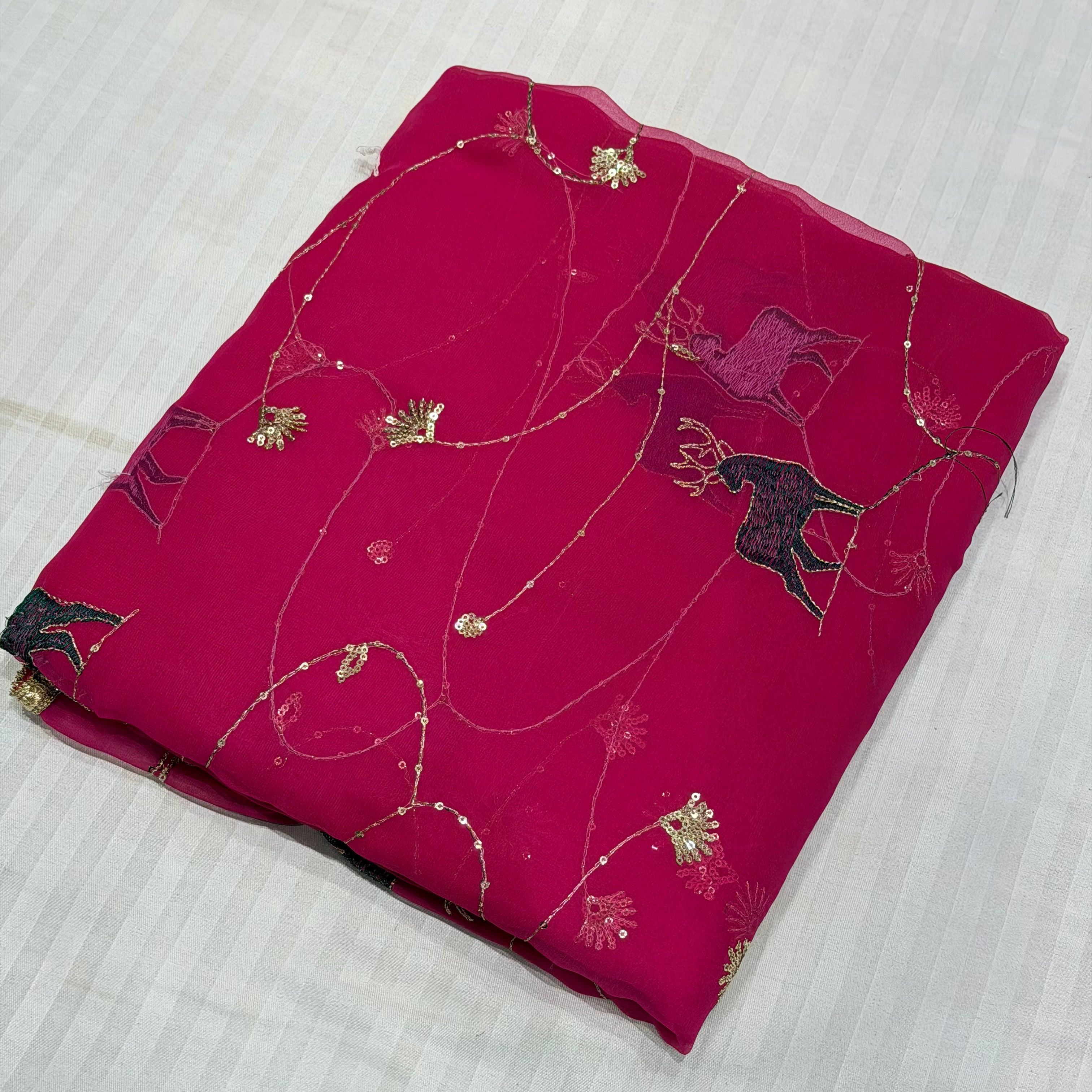Chiffon Deer Embroidered Fabric for Daily Wear Outfits