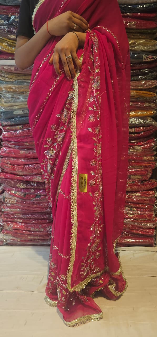 Rani colour Premium Hand Work Designer Saree | 30-30 Fabric Party Wear Saree