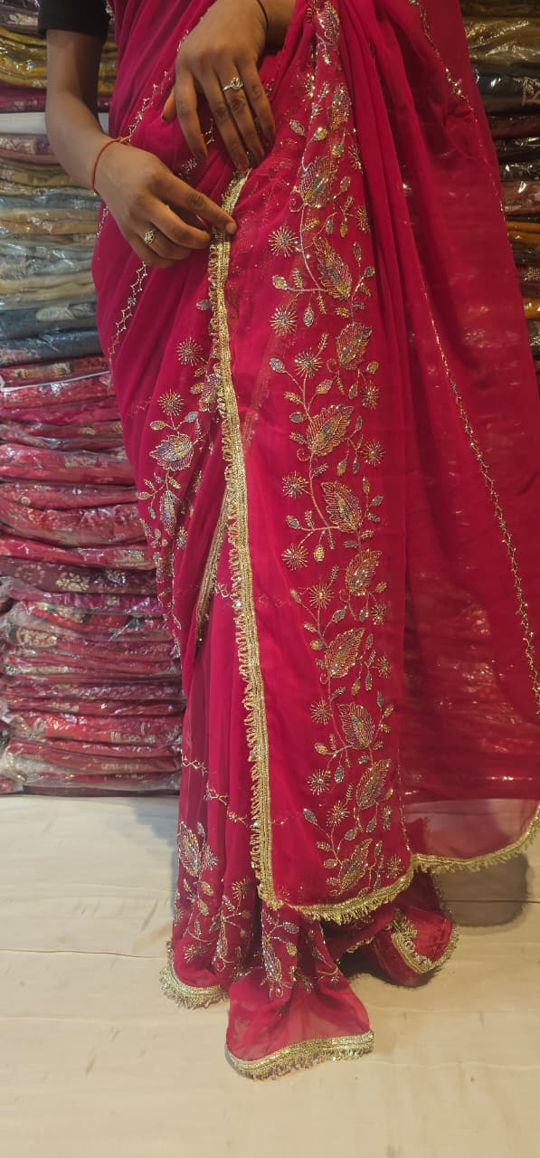 Rani colour Premium Hand Work Designer Saree | 30-30 Fabric Party Wear Saree