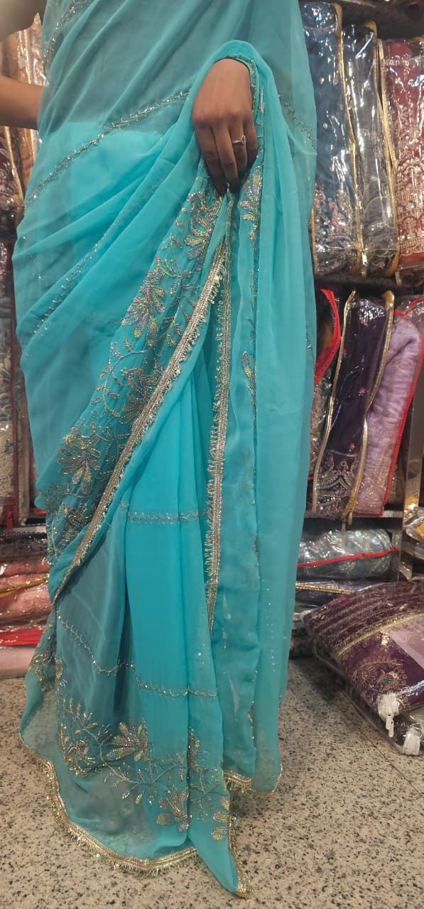 Sky Blue Premium Hand Work Designer Saree | 30-30 Fabric Party Wear Saree