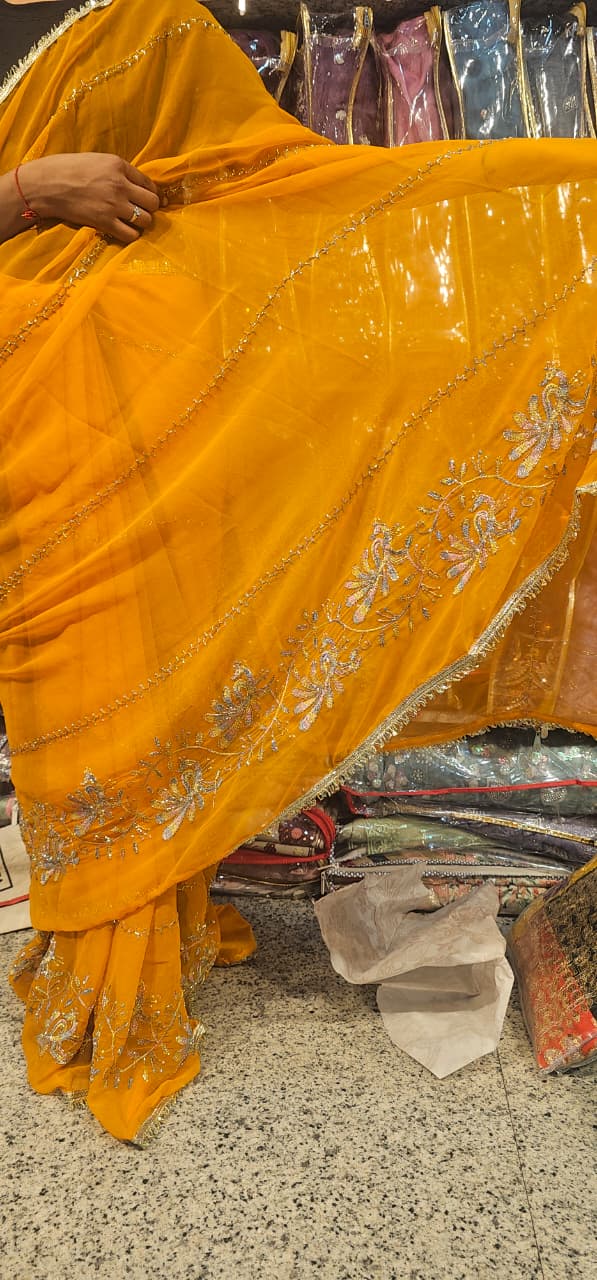 Yellow Premium Hand Work Designer Saree | 30-30 Fabric Party Wear Saree