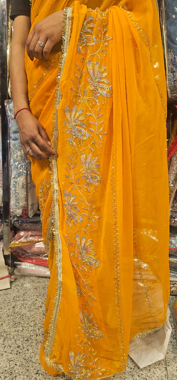 Yellow Premium Hand Work Designer Saree | 30-30 Fabric Party Wear Saree