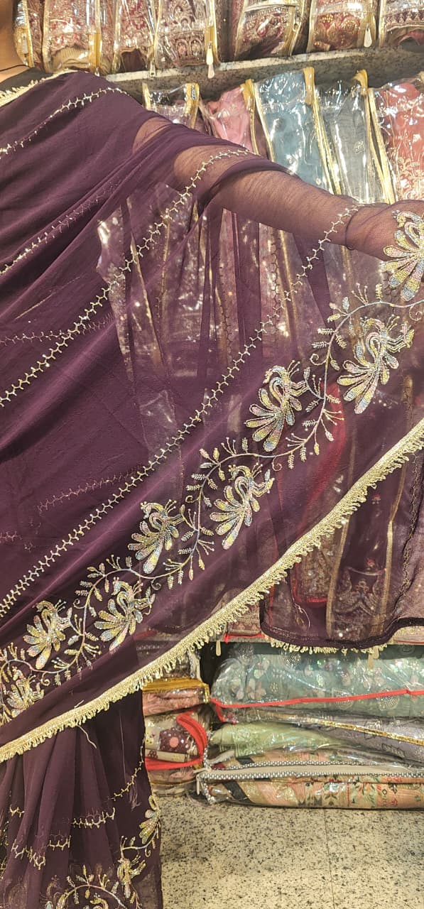 Wine colour Premium Hand Work Designer Saree | 30-30 Fabric Party Wear Saree