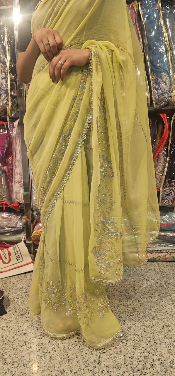Pista Green Premium Hand Work Designer Saree | 30-30 Fabric Party Wear Saree
