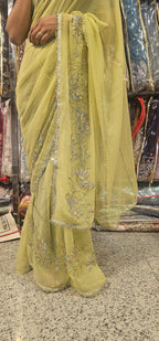 Pista Green Premium Hand Work Designer Saree | 30-30 Fabric Party Wear Saree
