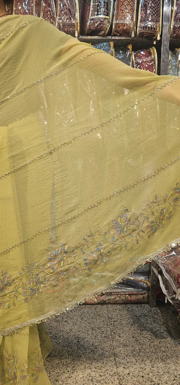 Pista Green Premium Hand Work Designer Saree | 30-30 Fabric Party Wear Saree