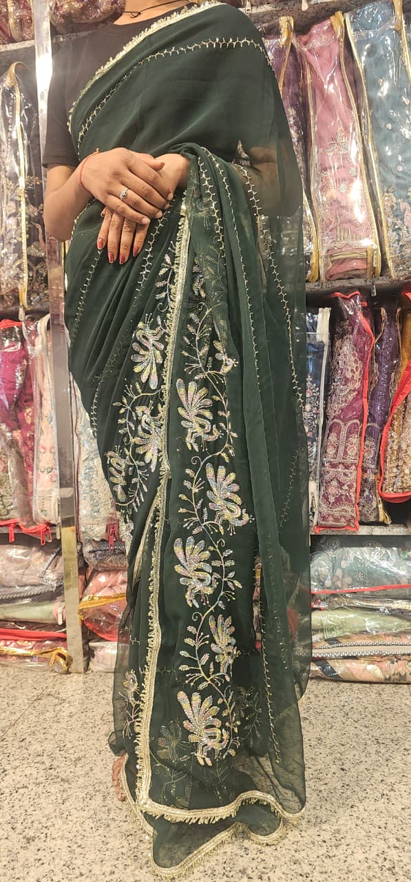 Green Premium Hand Work Designer Saree | 30-30 Fabric Party Wear Saree