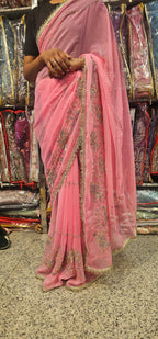 Baby Pink Premium Hand Work Designer Saree | 30-30 Fabric Party Wear Saree