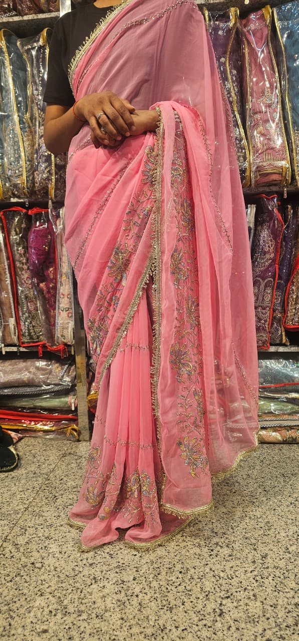 Baby Pink Premium Hand Work Designer Saree | 30-30 Fabric Party Wear Saree