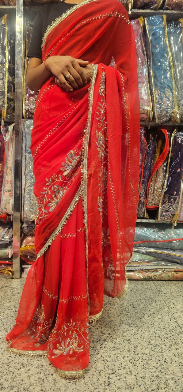 Red Premium Hand Work Designer Saree | 30-30 Fabric Party Wear Saree