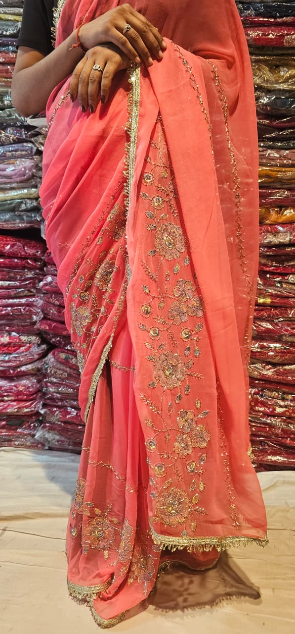 Pich colour Premium Hand Work Designer Saree | 30-30 Fabric Party Wear Saree