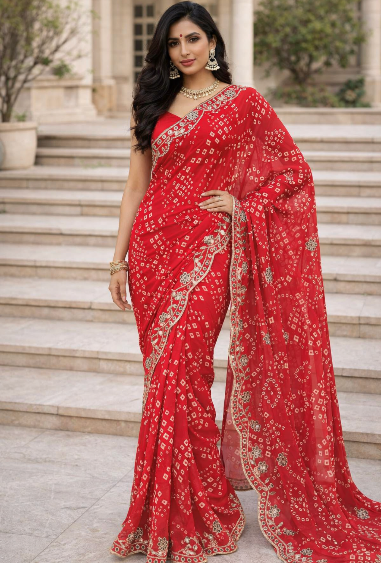 Chunri Bandhej Saree with Heavy Embroidered Border – Premium Georgette Designer Saree
