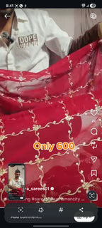 Premium Cherry Red Georgette Saree with Allover Floral Embroidery & Scalloped Border