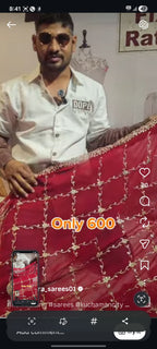 Premium Cherry Red Georgette Saree with Allover Floral Embroidery & Scalloped Border