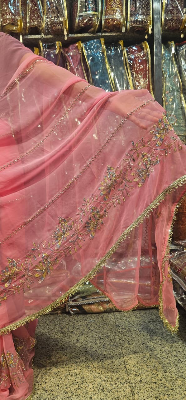 Baby Pink Designer Saree with Floral Embroidery & Golden Lace Border | Elegant Party & Wedding Wear Saree for Women
