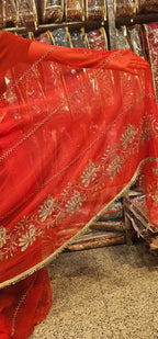 Red Designer Saree with Golden Floral Embroidery & Lace Border | Bridal & Wedding Wear Saree for Women