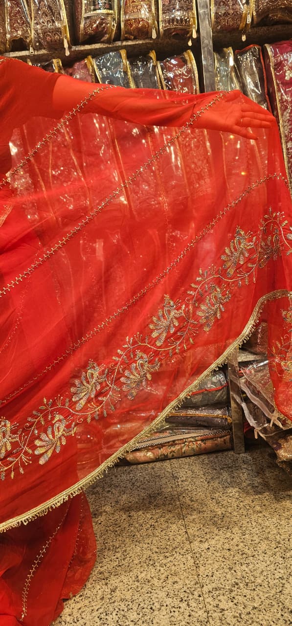 Red Designer Saree with Golden Floral Embroidery & Lace Border | Bridal & Wedding Wear Saree for Women