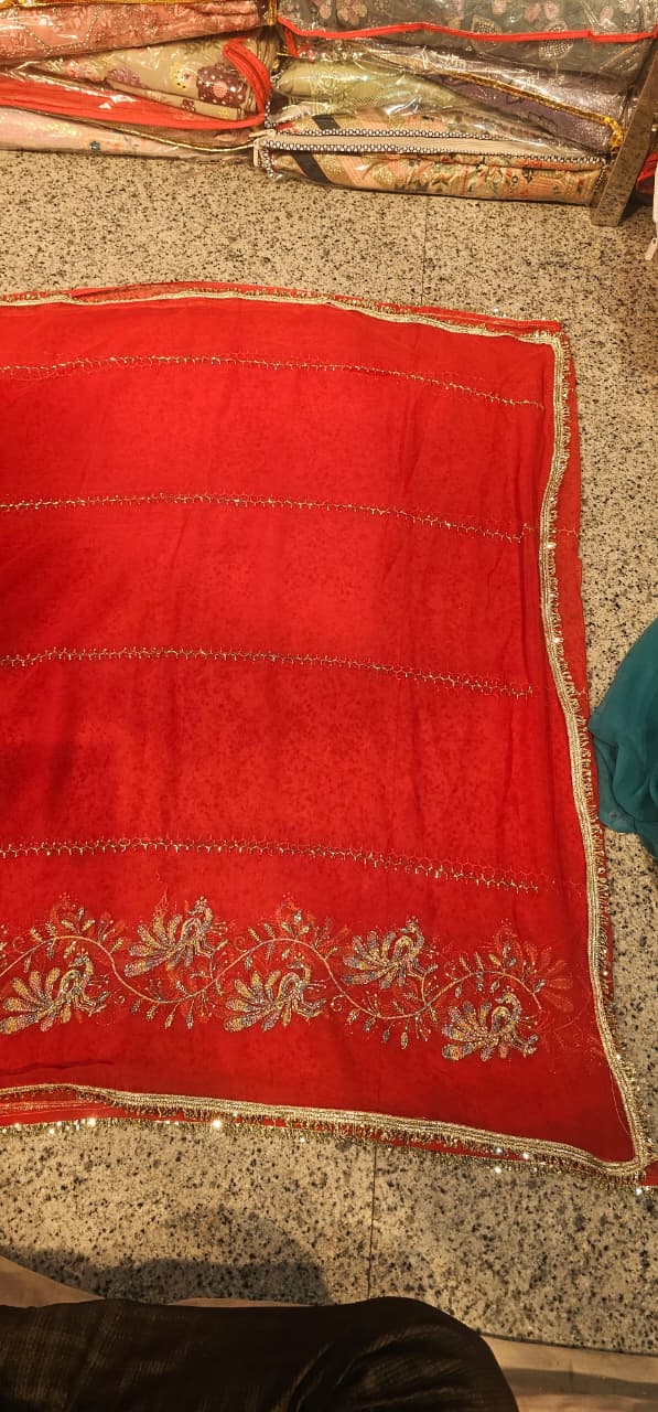 Red Designer Saree with Golden Floral Embroidery & Lace Border | Bridal & Wedding Wear Saree for Women
