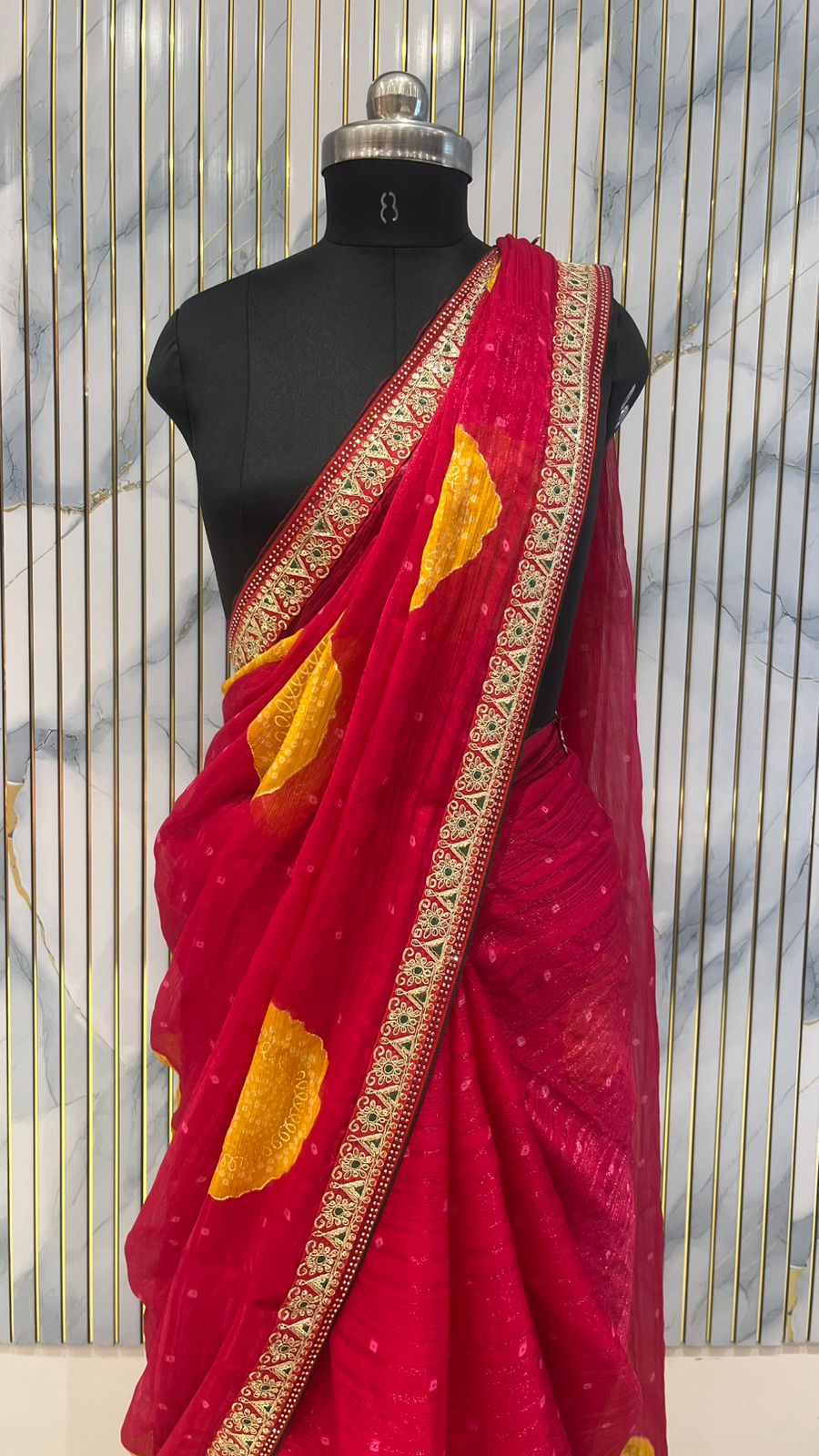 Designer Saree with Golden Leaf Motifs & Embroidered Border