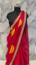 Designer Saree with Golden Leaf Motifs & Embroidered Border