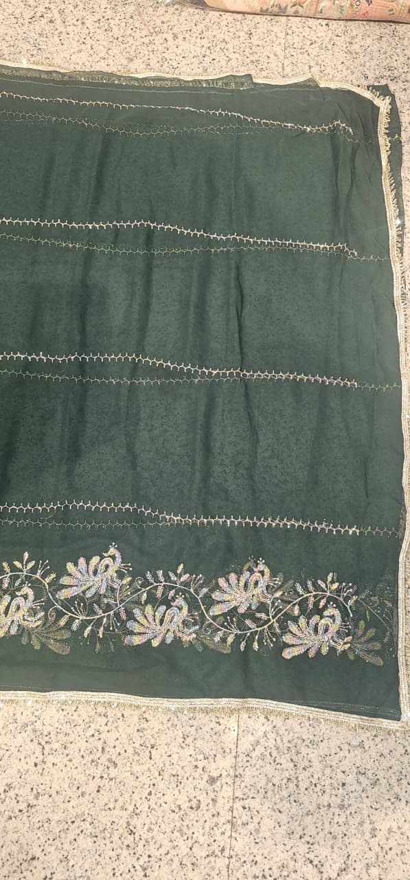Dark Green Designer Saree with Floral Embroidery & Golden Lace Border | Party Wear & Wedding Saree for Women