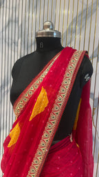 Designer Saree with Golden Leaf Motifs & Embroidered Border