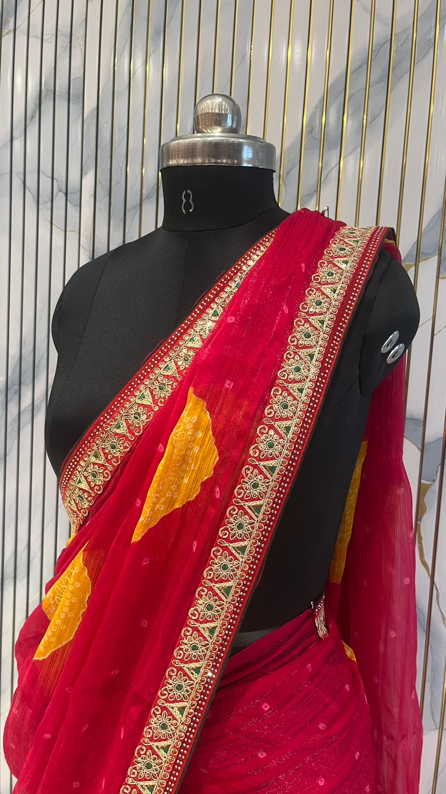 Designer Saree with Golden Leaf Motifs & Embroidered Border