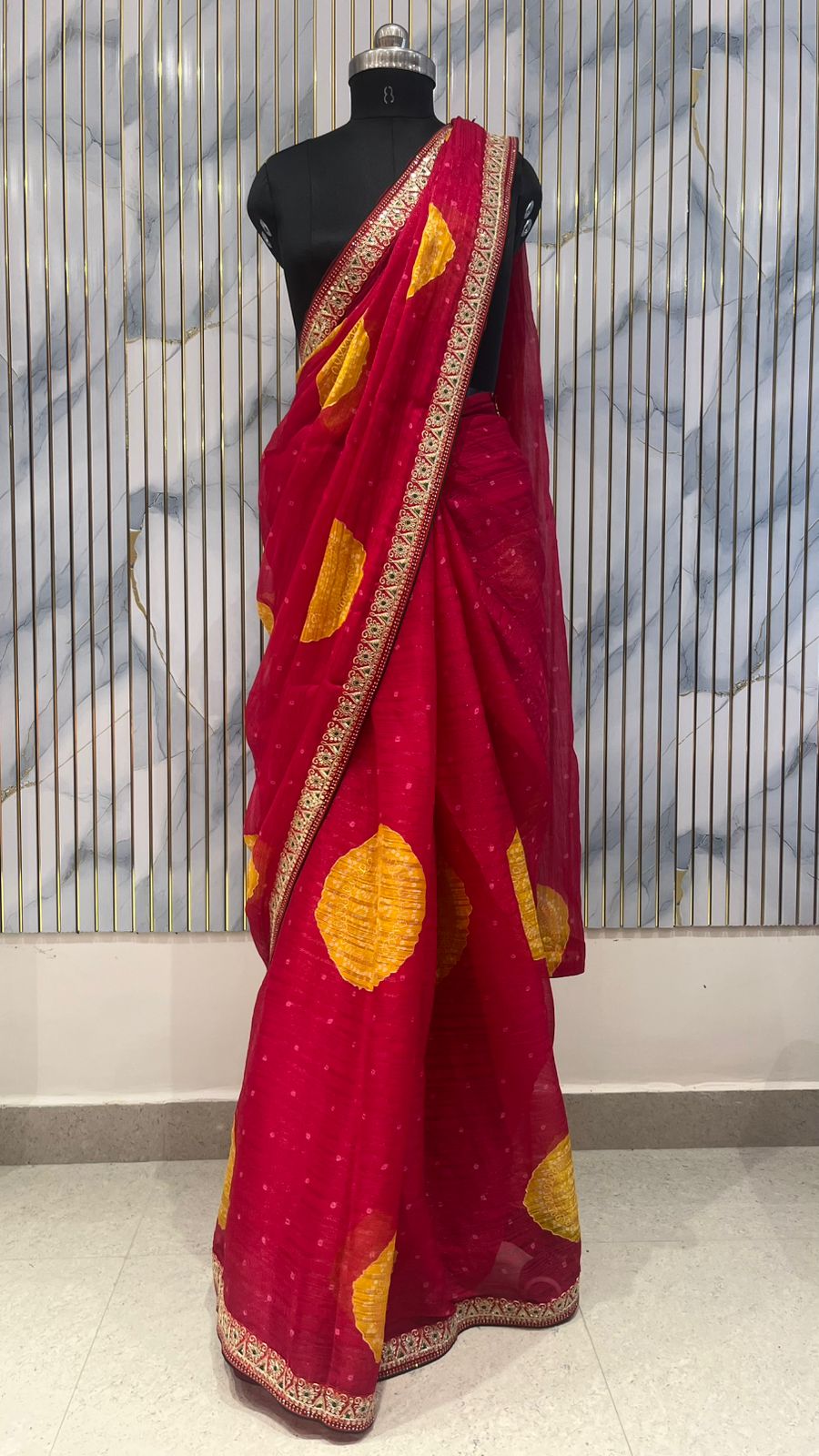 Designer Saree with Golden Leaf Motifs & Embroidered Border
