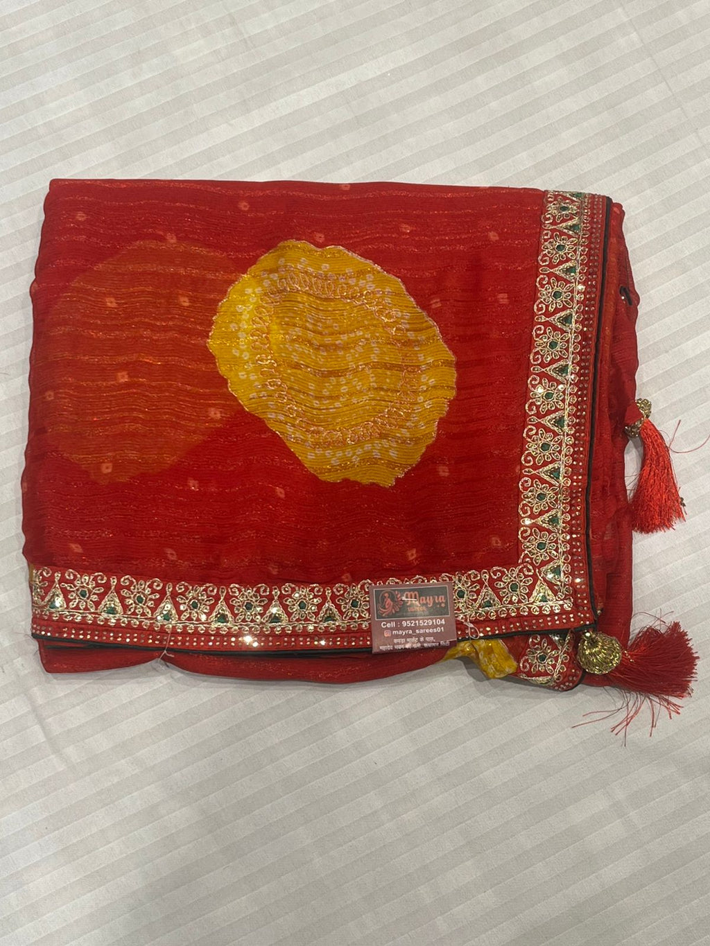 Designer Saree with Golden Leaf Motifs & Embroidered Border