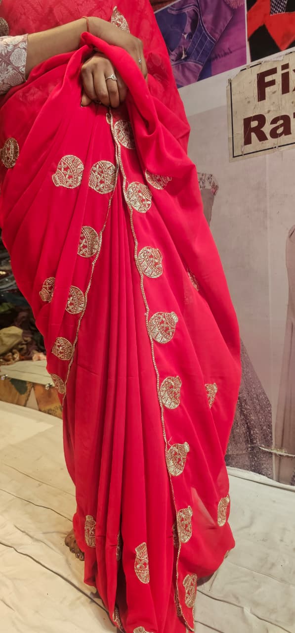 Premium Red Georgette Saree with Golden Potli Motif Work | Designer Party Wear Saree