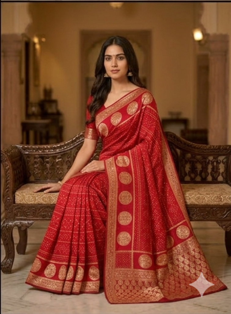 Elegant Red Banarasi Silk Saree with Golden Zari Border – Traditional Wedding & Festive Wear