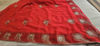 Elegant Red Chiffon Saree with Golden Peacock Motif & Designer Border