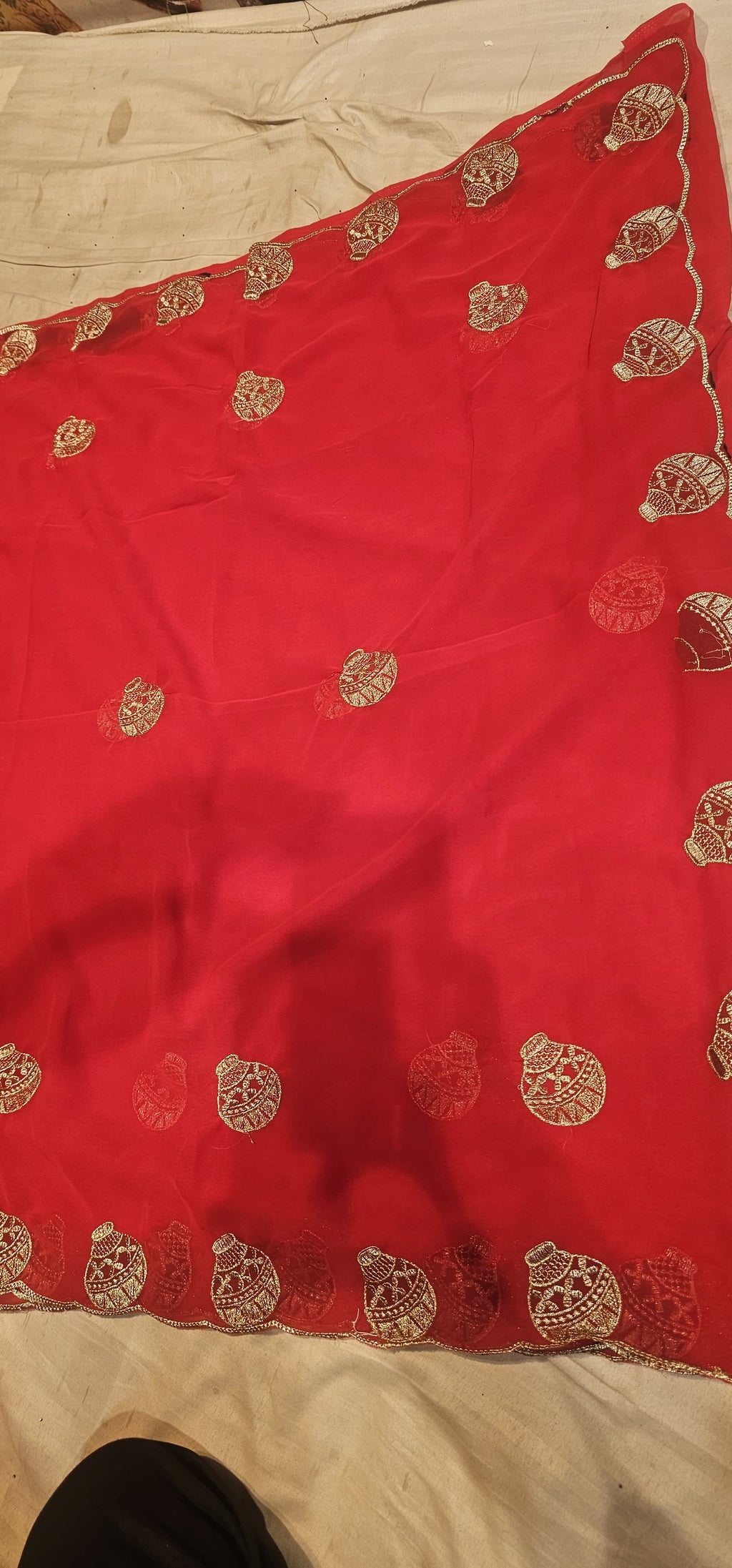 Premium Red Georgette Saree with Golden Potli Motif Work | Designer Party Wear Saree