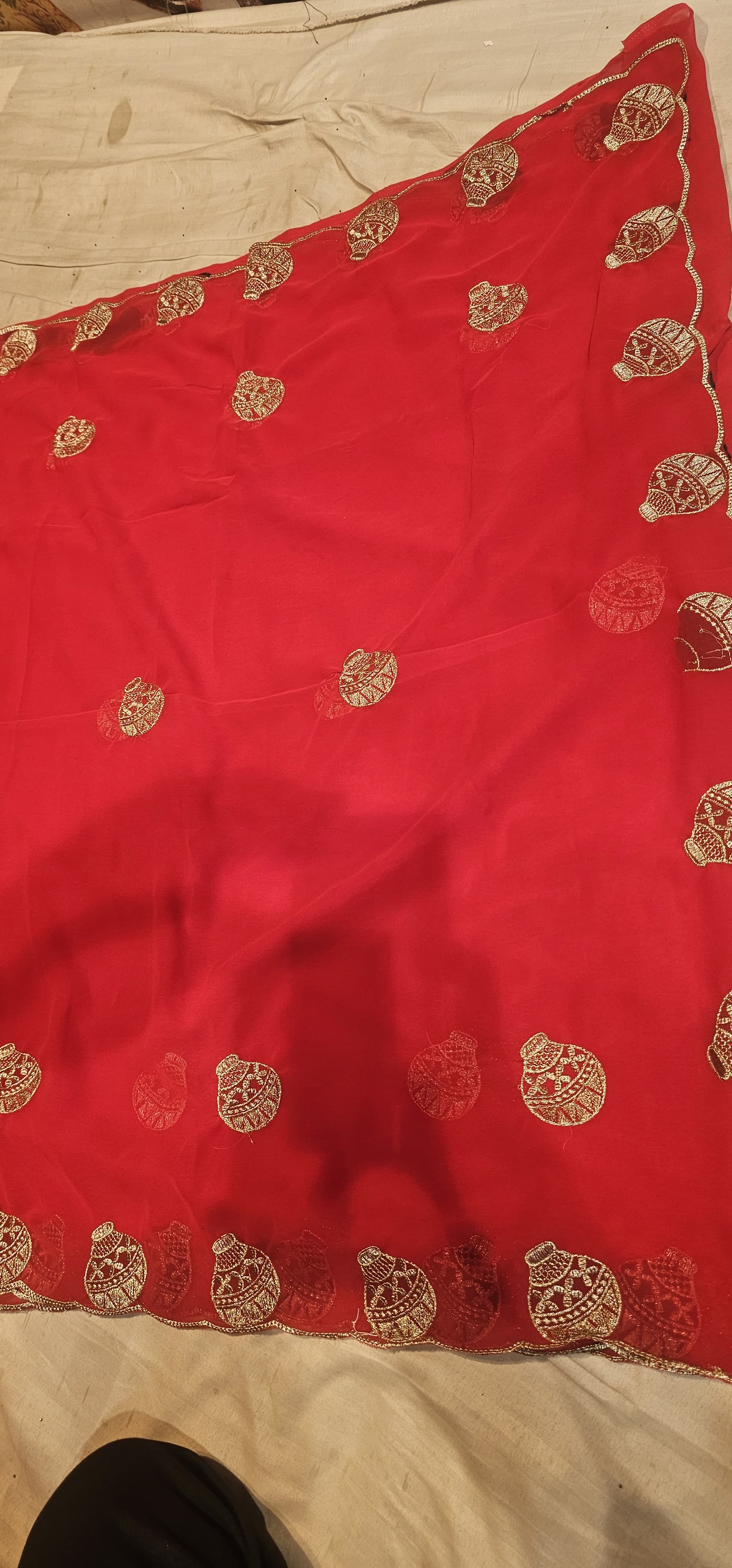 Premium Red Georgette Saree with Golden Potli Motif Work | Designer Party Wear Saree