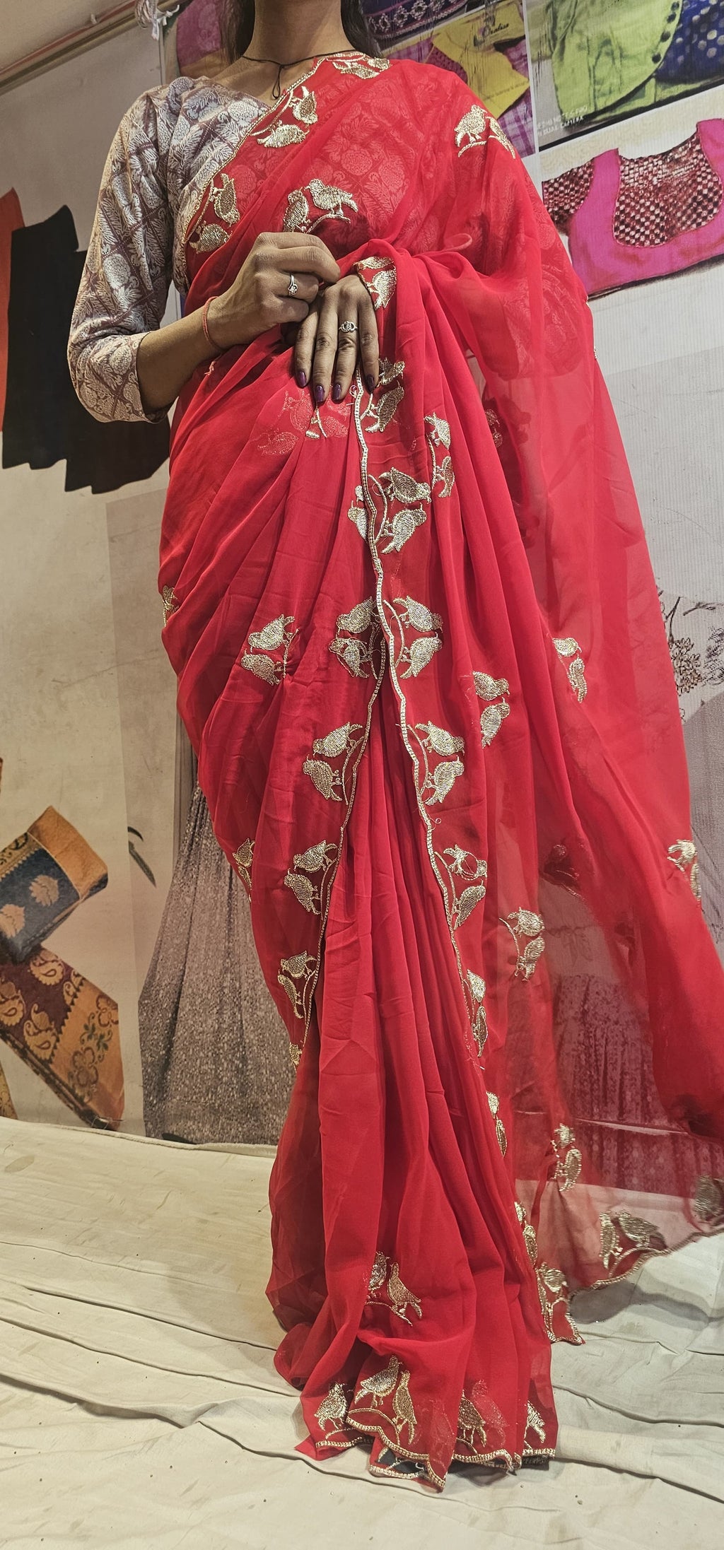 Elegant Red Chiffon Saree with Golden Bird Embroidery Border